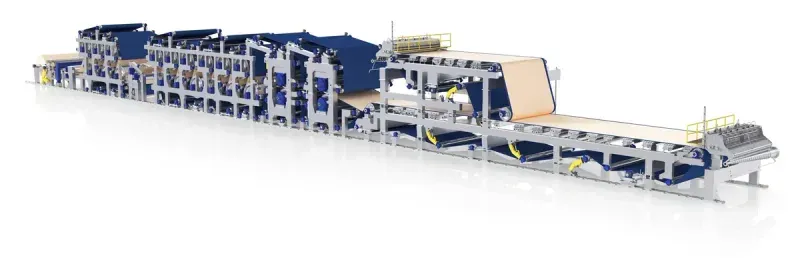 Processo de fabricação de papel — máquina de papel Parason completa mostrando caixa de entrada, seção de tela, prensa, secador e pope reel