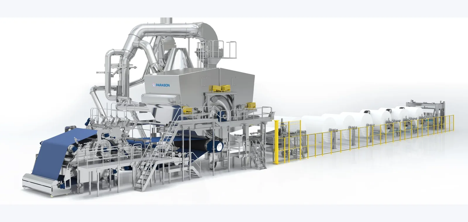 Complete tissue paper production line by Parason showing crescent former, Yankee dryer, hood system, and pope reel