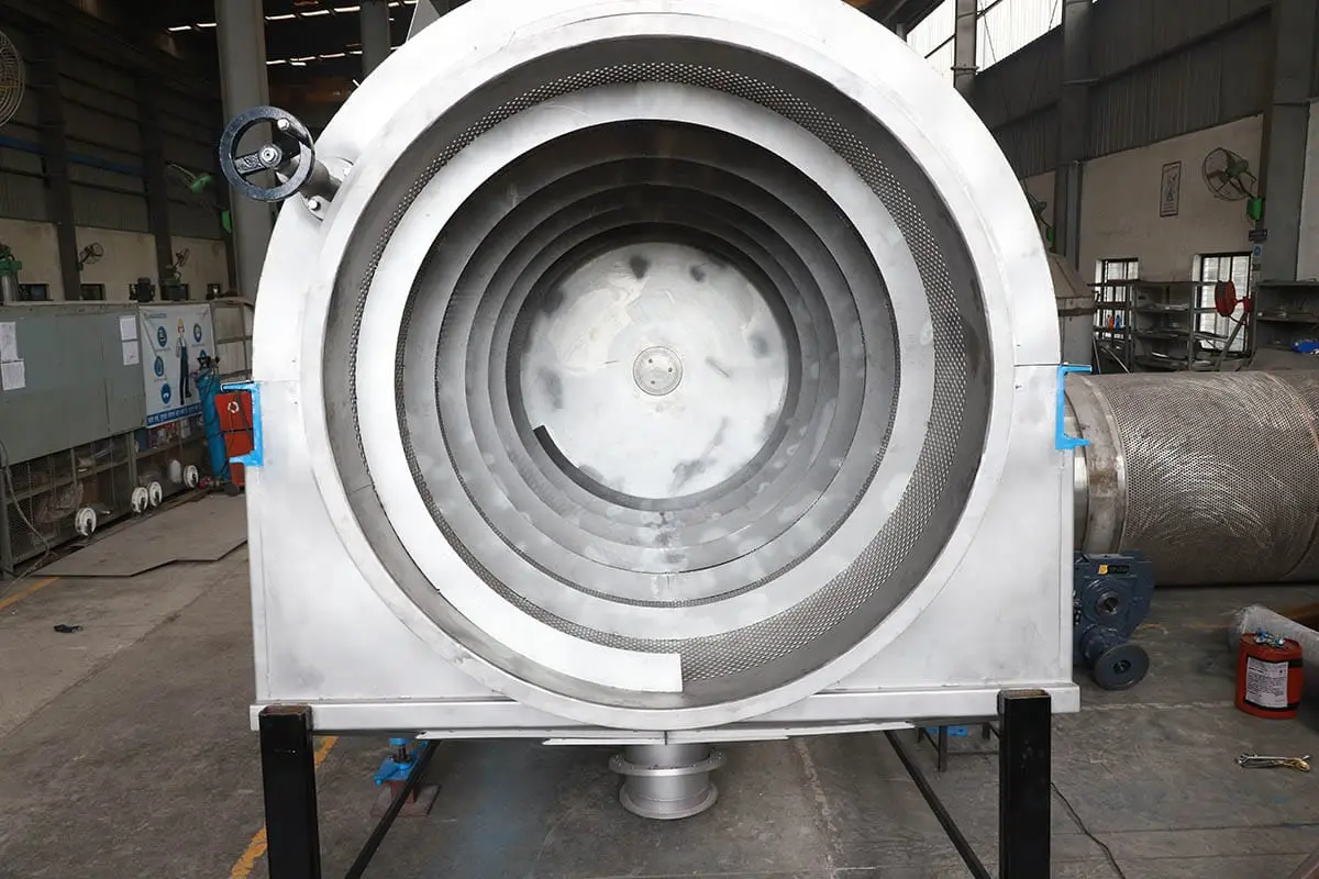 Parason inclined trommel screen &mdash; live installation showing perforated drum interior