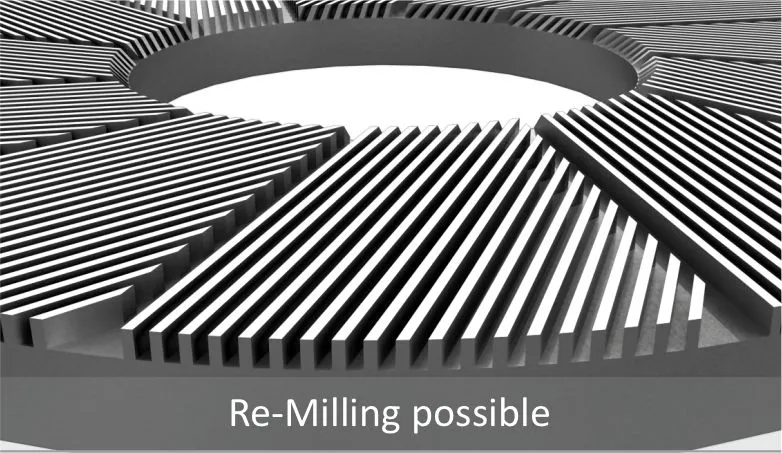 Finedge Milled refiner plate bar detail showing re-milling capability for 2-3 life cycles
